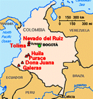 location Galeras volcano in Colombia