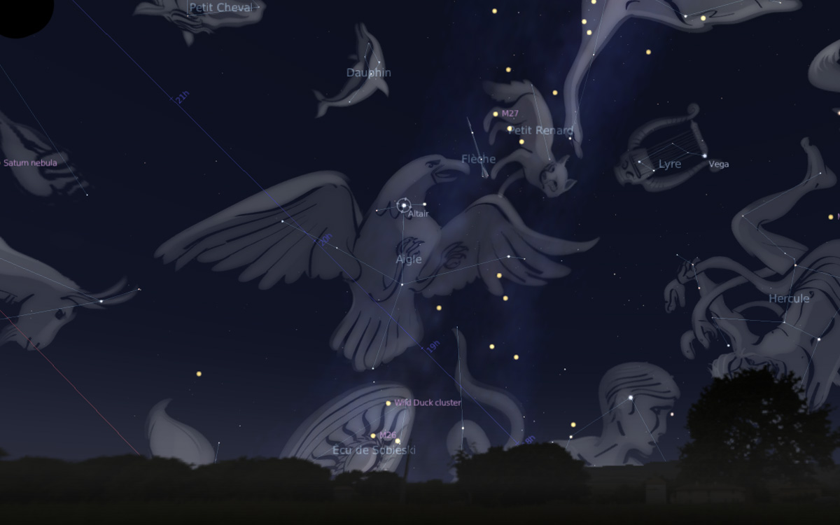 August sky for children, constellation of the Eagle