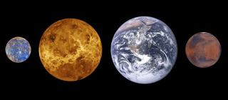 Comparative sizes of the terrestrial planets, Mercury left, Venus, Earth and Mars