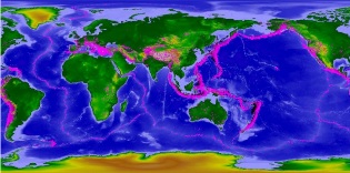 As placas tectônicas principais, delimitada pelas linhas de terremotos