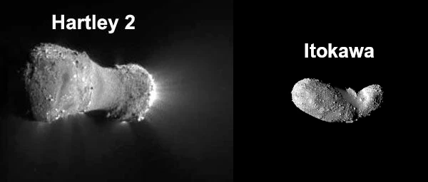Comet Hartley 2 (left) and asteroid Itokawa (right)