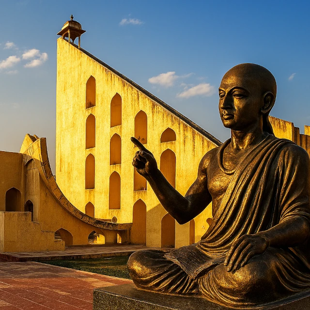 Astronomical instruments of Jantar Mantar and statue of Aryabhata