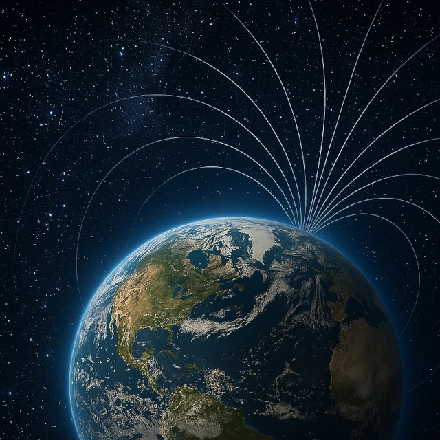 Earth's atmosphere held by gravity and protected by the magnetic field