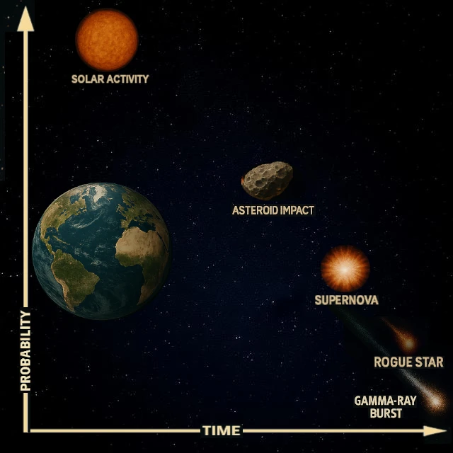 Principales menaces cosmiques entourant la Terre : un astéroïde, une supernova, un sursaut gamma, le Soleil en géante rouge et une étoile errante.
