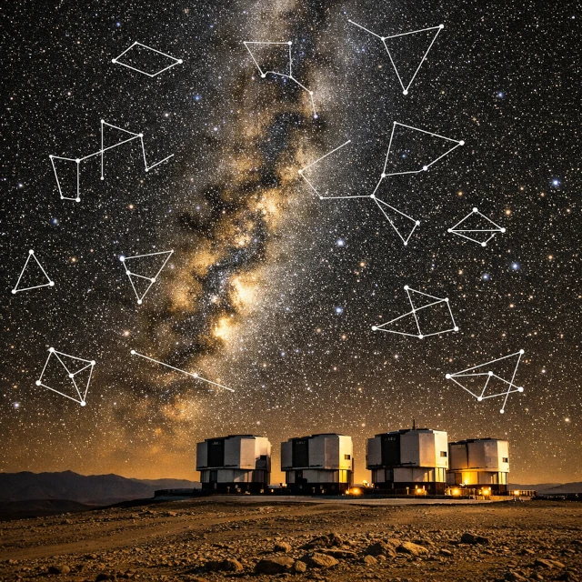 Starry sky seen from the Paranal Observatory in Chile, with the Milky Way above the VLT telescopes