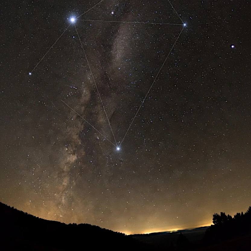 Panorama du ciel étoilé vu depuis l'Europe, avec la Voie lactée visible en été