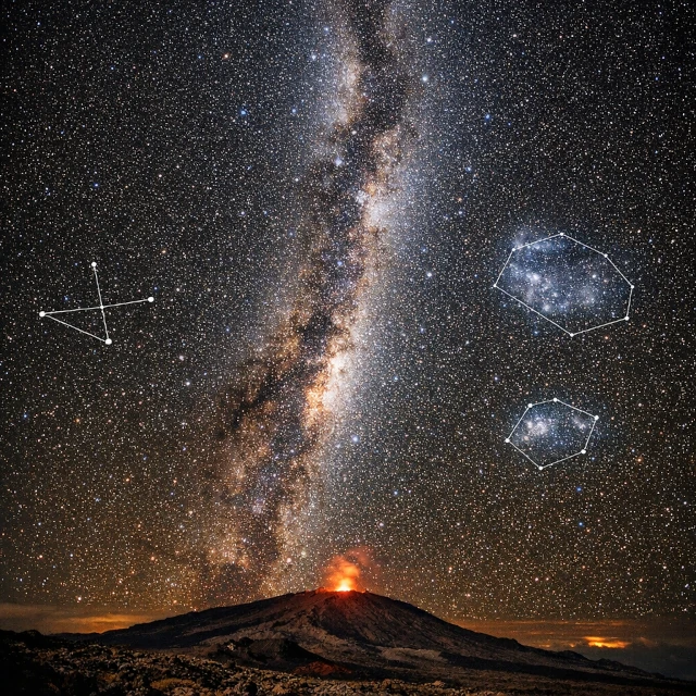 Panorama del cielo estrellado visto desde la isla de Reunión, con la Vía Láctea y la Cruz del Sur sobre el Piton de la Fournaise