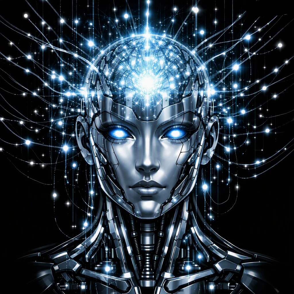 Représentation artistique d'une conscience artificielle émergente dans un réseau de neurones