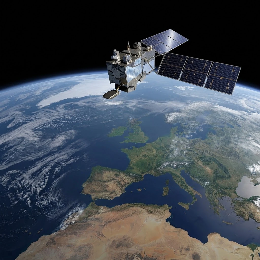 Sentinel satellite in orbit above the Earth: continuous observation of the planet