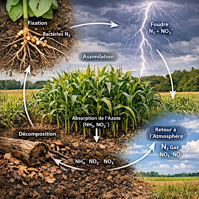 Cycle de l'azote illustrant la fixation, nitrification, assimilation et dénitrification