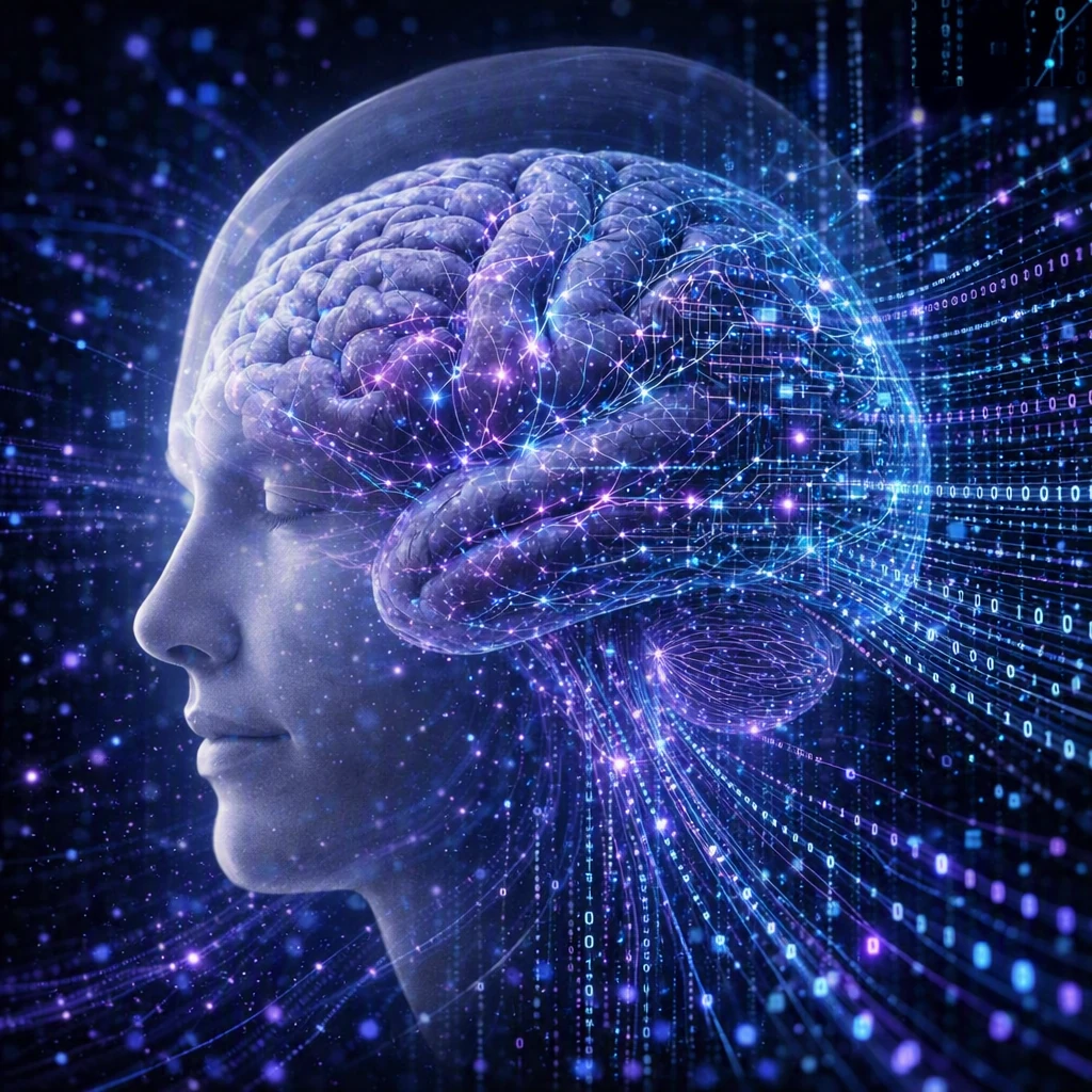 Künstlerische Darstellung eines menschlichen Gehirns, das von einem Strom digitaler Daten und künstlicher neuronaler Netze überschwemmt wird