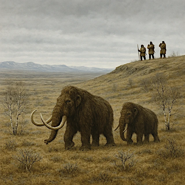 Paysage glaciaire avec des mammouths laineux et des chasseurs préhistoriques en arrière-plan