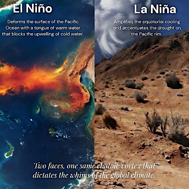 Ilustração contrastada do fenómeno El Niño (águas quentes no Pacífico Leste) e La Niña (águas frias anormalmente estendidas)