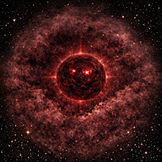 Estrella de carbono: gigante roja luminosa con tonos rubí en el espacio profundo