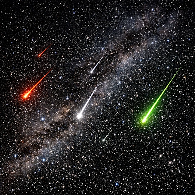 Meteor shower above a night horizon, luminous trails converging towards a radiant