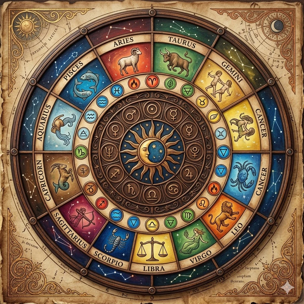 Zodiac wheel illustrating the twelve signs arranged in a circle, with their symbols and associated elements