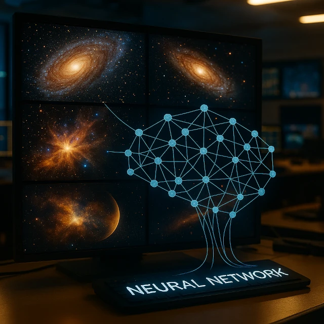 Representação de uma rede neural artificial analisando dados de telescópios e descobrindo exoplanetas.