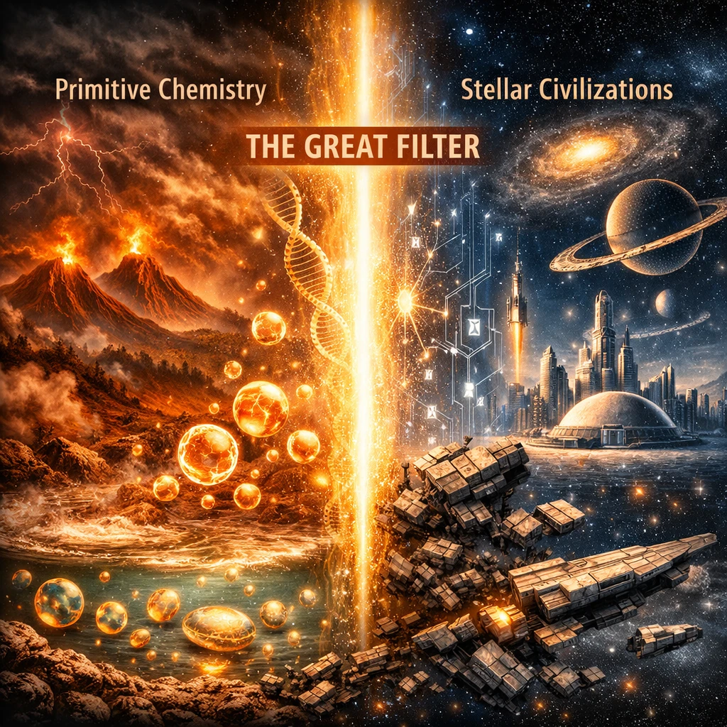 Konzeptionelle Darstellung des Großen Filters: Eine Zivilisation nähert sich einer kosmischen Energiewand, einige brechen zusammen, andere verschwinden und illustrieren das unüberwindbare Hindernis der Evolution