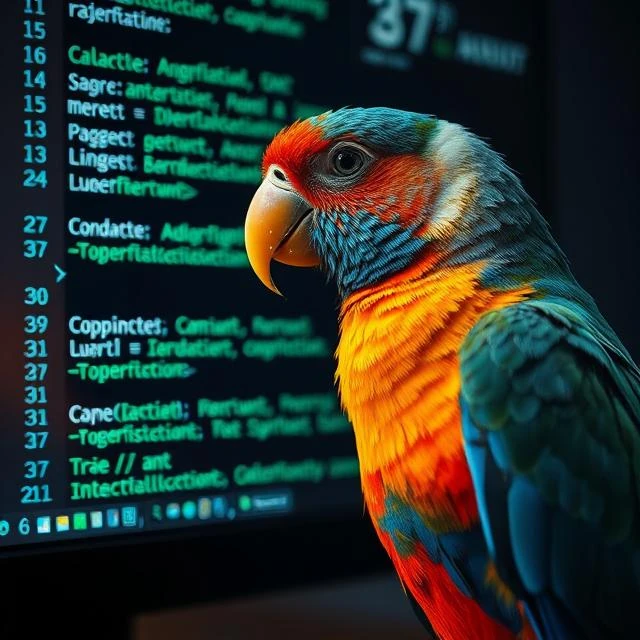 Perroquet devant un écran d'ordinateur symbolisant l'IA