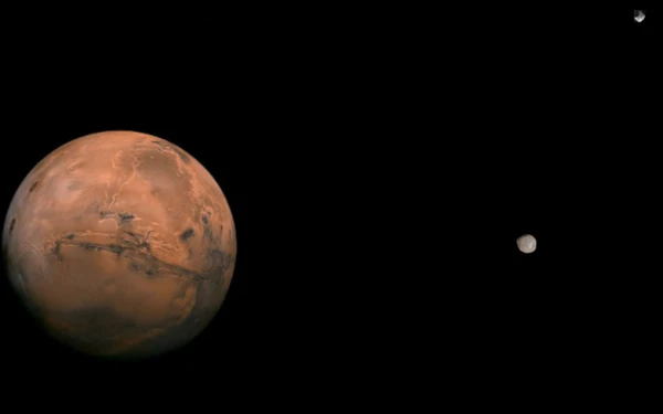 Visual comparison of Phobos and Deimos with Mars in the background