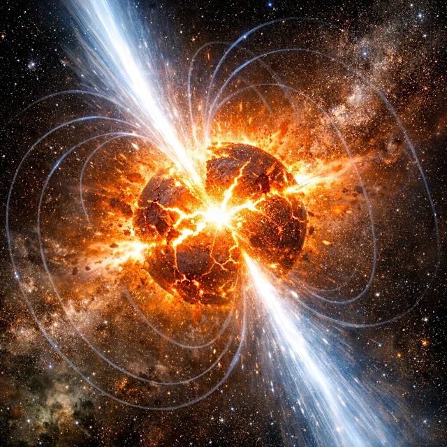 Magnetar: estrella de neutrones con un campo magnético colosal emitiendo un estallido de rayos gamma