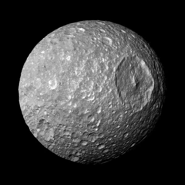 Mimas vista pela sonda Cassini mostrando a cratera Herschel