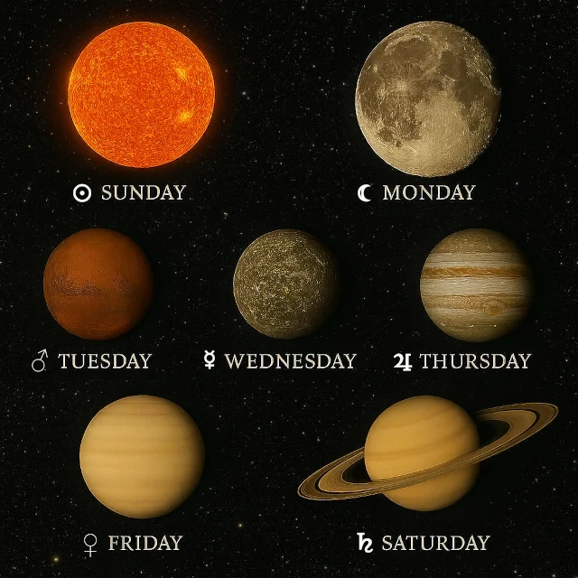 Os dias da semana: Sol, Lua, Marte, Mercúrio, Júpiter, Vênus, Saturno