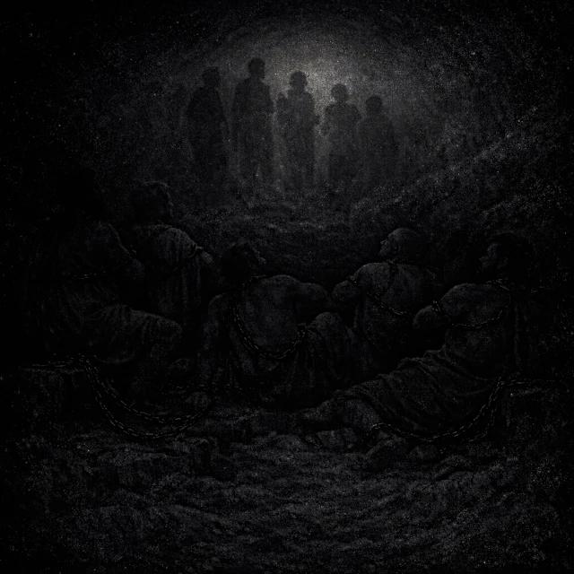 Alegoria da caverna aplicada ao paradoxo de Fermi: silhuetas humanas acorrentadas observando a sombra de uma galáxia distante