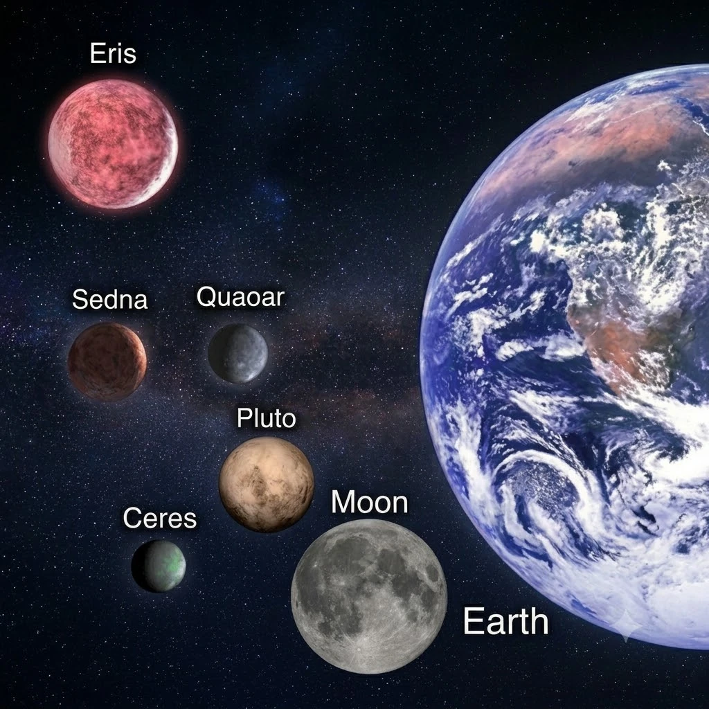 Comparación de tamaño entre planetas enanos y la Tierra