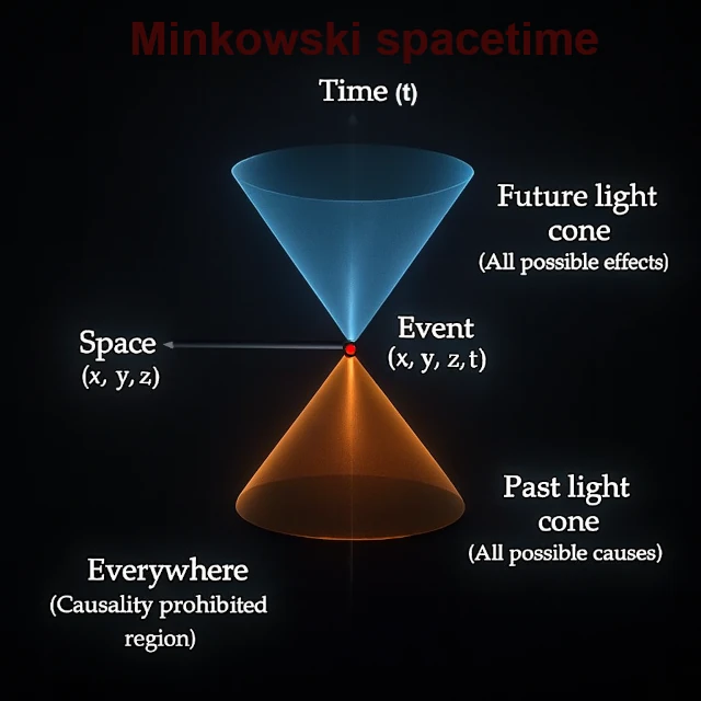 Cones de luz passados e futuros em um diagrama espaço-tempo de Minkowski, ilustrando a estrutura causal.