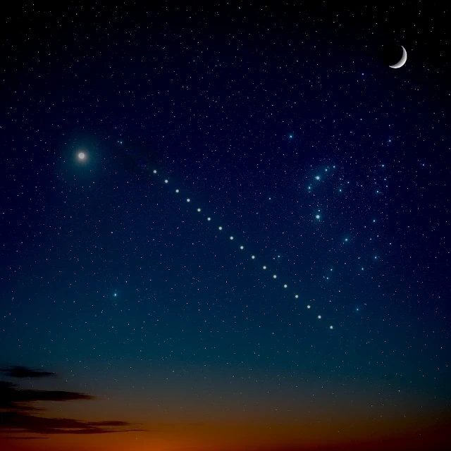 Train de satellites Starlink traversant le ciel étoilé après le coucher du soleil