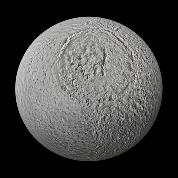 Superfície gelada de Tétis, lua de Saturno