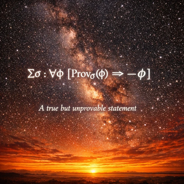Abstrakte Darstellung einer wahren, aber unbeweisbaren mathematischen Aussage mit logischen Symbolen und einem unendlichen Horizont