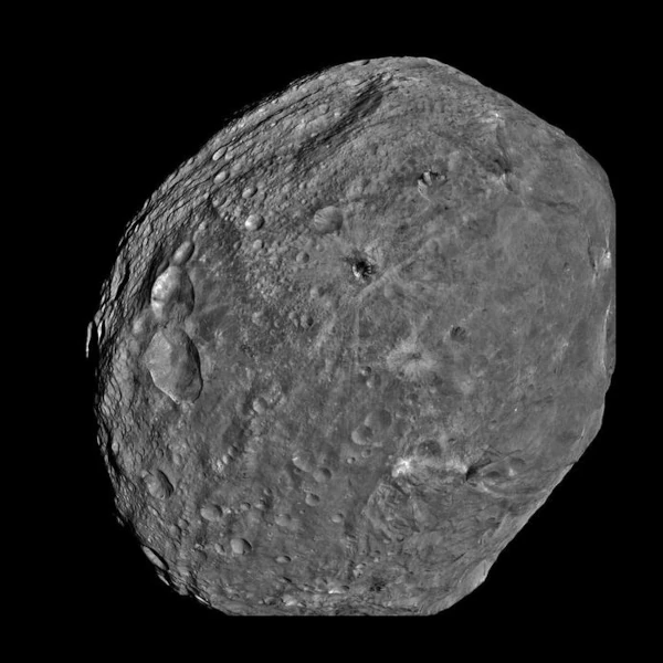 Vesta visto por la sonda Dawn con sus cráteres Rheasilvia y Veneneia