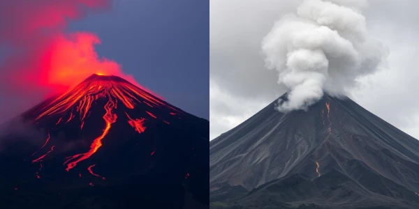 Volcanic eruption with red lava flows and gray ash plumes