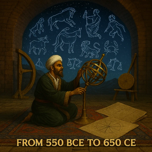 Persian astronomical observatory with measuring instruments and astronomical tables