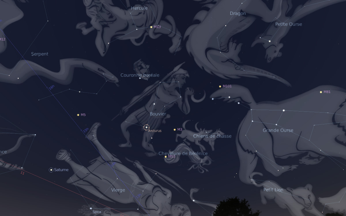 Céu infantil de abril, constelação de Bouvier
