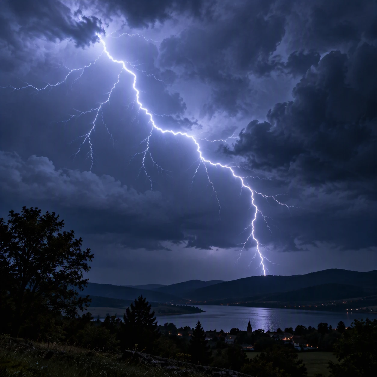 Lightning striking the ground during a nighttime storm
