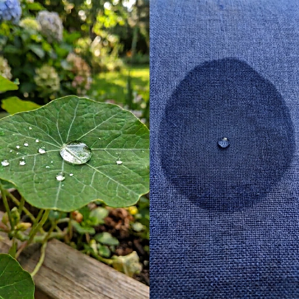 Drops of water on a leaf and on a fabric, one beads up and the other spreads out