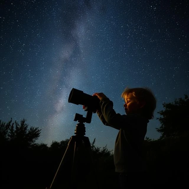 Child observing the stars with a telescope in their garden