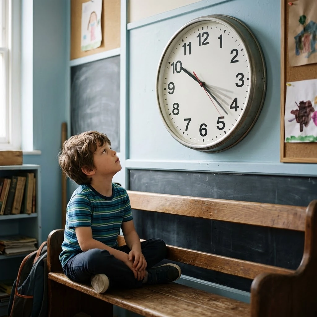 A child sitting and watching the wall clock while waiting, as the hand seems to move very slowly