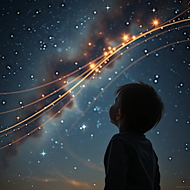 Criança olhando para as estrelas com linhas mostrando a viagem da luz através do espaço e do tempo