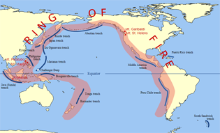 Anillo de Fuego del Pacífico línea de volcanes, fosas oceánicas